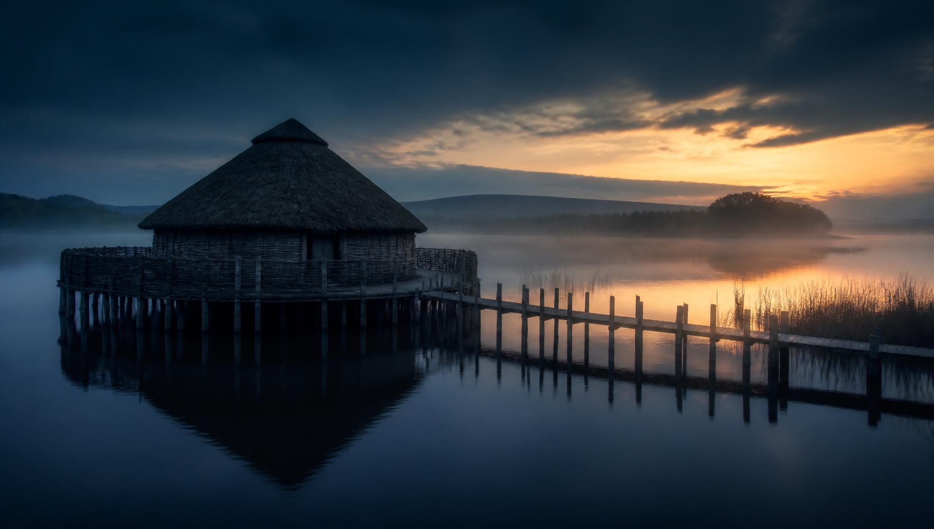 A crannog, an ancient island dwelling, on a still lake at dawn